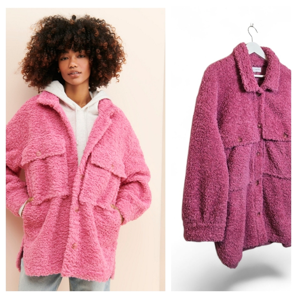 English Factory Fuchsia Pink Teddy Sherpa Shirt Jacket Oversized Size L